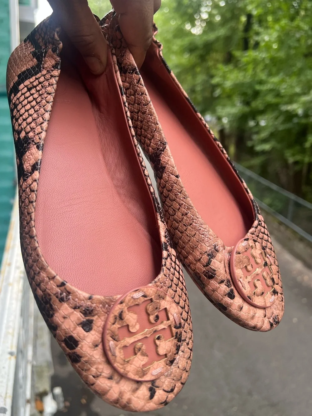 Tory Burch Pink Tan Snake-Print Reva Ballet Flats